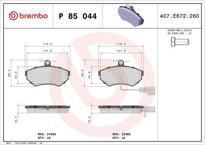 Комплект тормозных колодок, дисковый тормоз BREMBO P 85 044