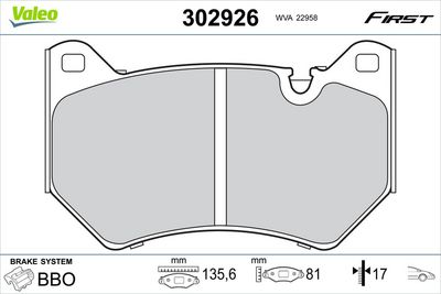 Bremžu uzliku kompl., Disku bremzes VALEO 302926