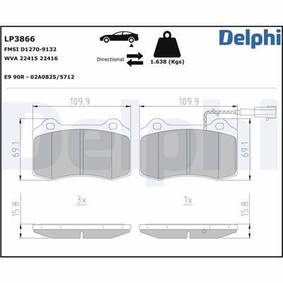Bremžu uzliku kompl., Disku bremzes DELPHI LP3866