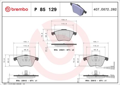 Комплект тормозных колодок, дисковый тормоз BREMBO P 85 129