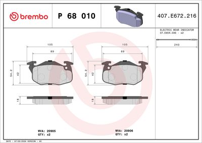 Комплект тормозных колодок, дисковый тормоз BREMBO P 68 010