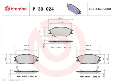 Комплект тормозных колодок, дисковый тормоз BREMBO P 30 024