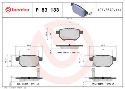 Комплект тормозных колодок, дисковый тормоз BREMBO P 83 133