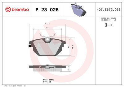 Комплект тормозных колодок, дисковый тормоз BREMBO P 23 026