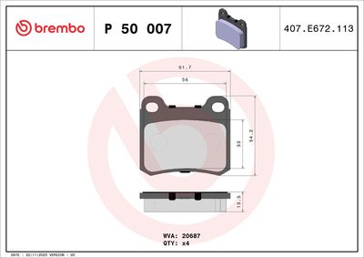 Комплект тормозных колодок, дисковый тормоз BREMBO P 50 007