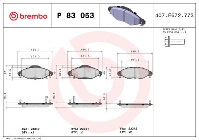 Комплект тормозных колодок, дисковый тормоз BREMBO P 83 053