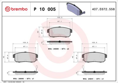 Комплект тормозных колодок, дисковый тормоз BREMBO P 10 005