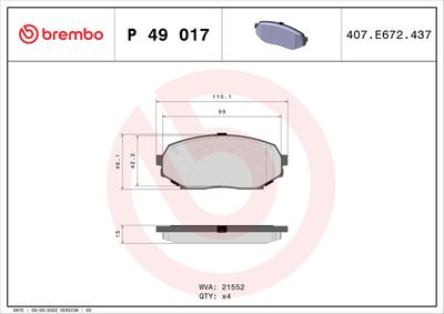Комплект тормозных колодок, дисковый тормоз BREMBO P 49 017