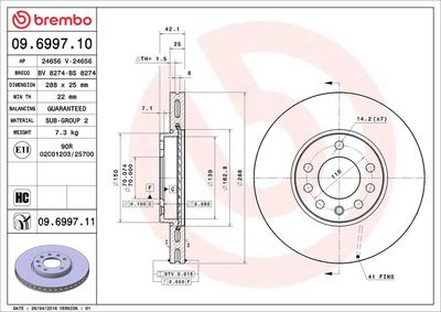 Тормозной диск BREMBO 09.6997.11