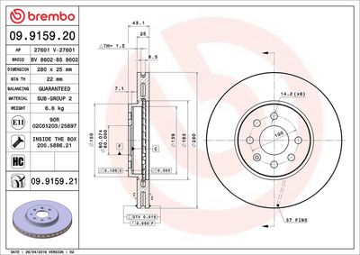 Тормозной диск BREMBO 09.9159.21