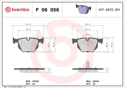 Комплект тормозных колодок, дисковый тормоз BREMBO P 06 056