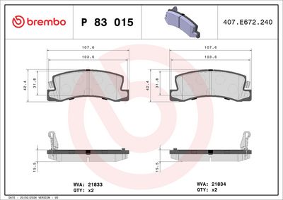 Комплект тормозных колодок, дисковый тормоз BREMBO P 83 015