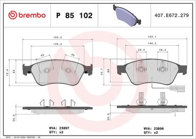 Комплект тормозных колодок, дисковый тормоз BREMBO P 85 102