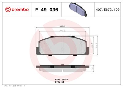 Комплект тормозных колодок, дисковый тормоз BREMBO P 49 036