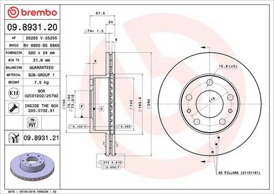 Тормозной диск BREMBO 09.8931.21