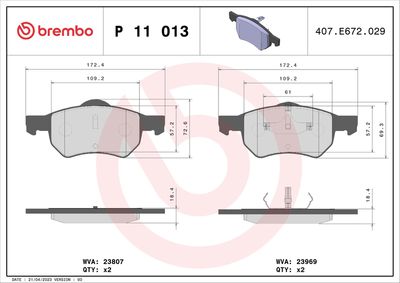 Комплект тормозных колодок, дисковый тормоз BREMBO P 11 013