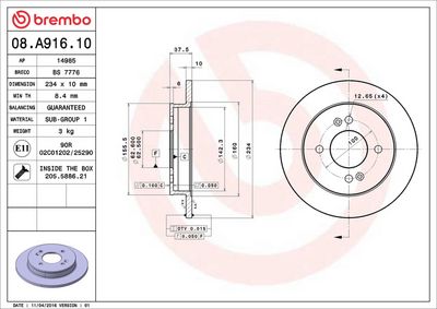Тормозной диск BREMBO 08.A916.10