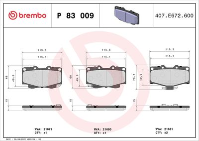Комплект тормозных колодок, дисковый тормоз BREMBO P 83 009