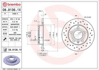 Тормозной диск BREMBO 08.9136.1X
