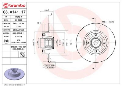 Тормозной диск BREMBO 08.A141.17