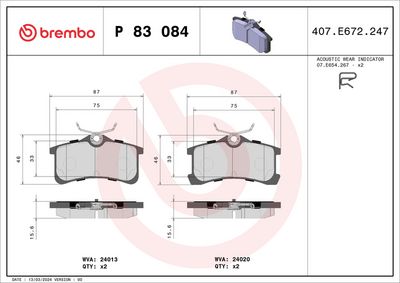 Комплект тормозных колодок, дисковый тормоз BREMBO P 83 084