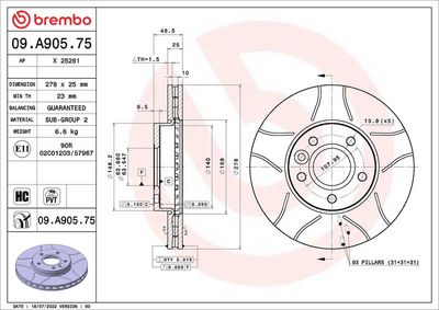 Тормозной диск BREMBO 09.A905.75
