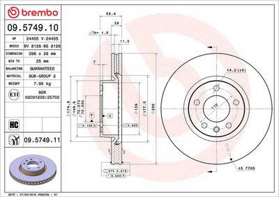 Тормозной диск BREMBO 09.5749.11