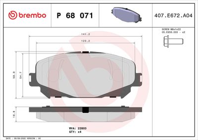 Комплект тормозных колодок, дисковый тормоз BREMBO P 68 071