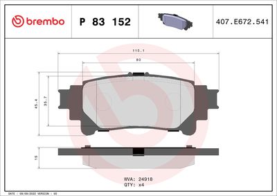 Комплект тормозных колодок, дисковый тормоз BREMBO P 83 152