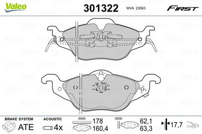 Комплект тормозных колодок, дисковый тормоз VALEO 301322