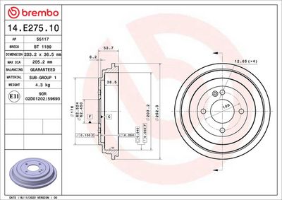 Bremžu trumulis BREMBO 14.E275.10