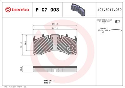 Комплект тормозных колодок, дисковый тормоз BREMBO P C7 003