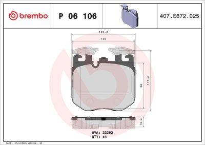 Комплект тормозных колодок, дисковый тормоз BREMBO P 06 106