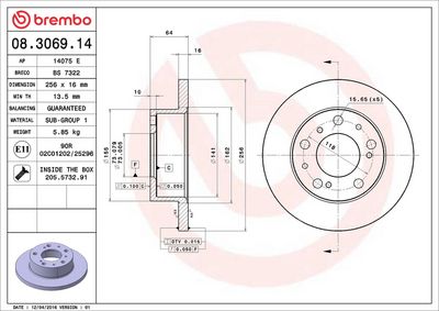 Тормозной диск BREMBO 08.3069.14