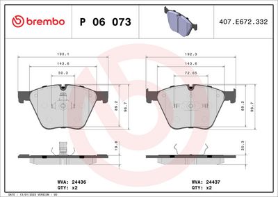 Комплект тормозных колодок, дисковый тормоз BREMBO P 06 073