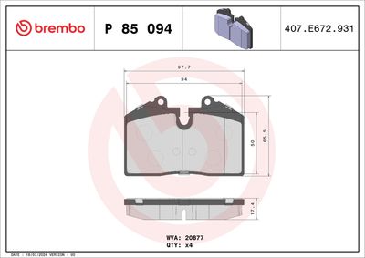 Комплект тормозных колодок, дисковый тормоз BREMBO P 85 094