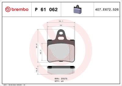 Комплект тормозных колодок, дисковый тормоз BREMBO P 61 062
