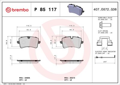 Комплект тормозных колодок, дисковый тормоз BREMBO P 85 117