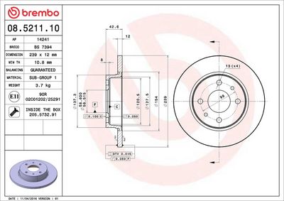 Тормозной диск BREMBO 08.5211.10