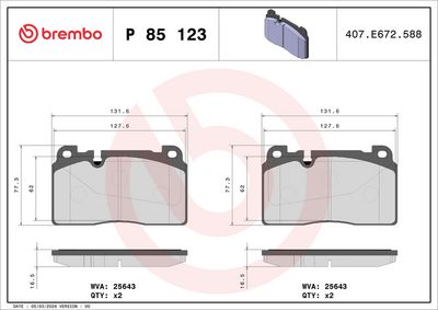 Комплект тормозных колодок, дисковый тормоз BREMBO P 85 123