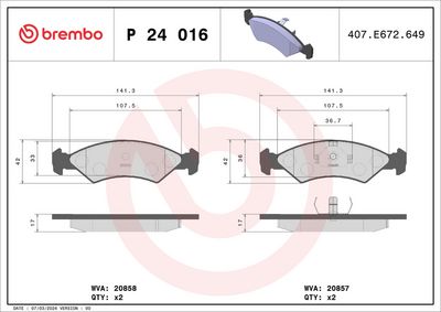 Комплект тормозных колодок, дисковый тормоз BREMBO P 24 016