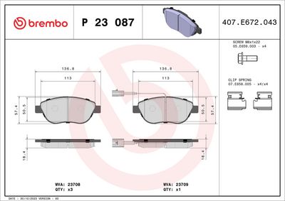 Комплект тормозных колодок, дисковый тормоз BREMBO P 23 087