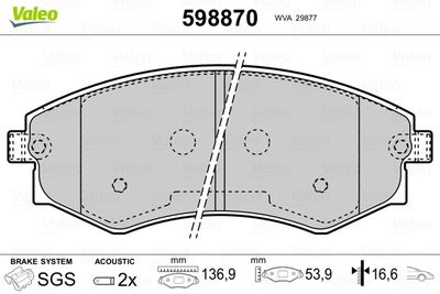 Bremžu uzliku kompl., Disku bremzes VALEO 598870