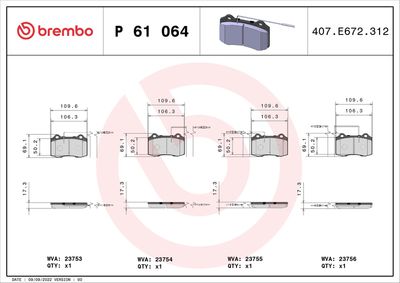 Комплект тормозных колодок, дисковый тормоз BREMBO P 61 064