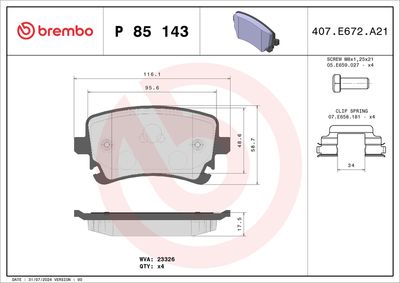 Bremžu uzliku kompl., Disku bremzes BREMBO P 85 143