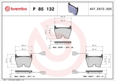 Комплект тормозных колодок, дисковый тормоз BREMBO P 85 132