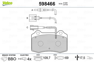 Bremžu uzliku kompl., Disku bremzes VALEO 598466