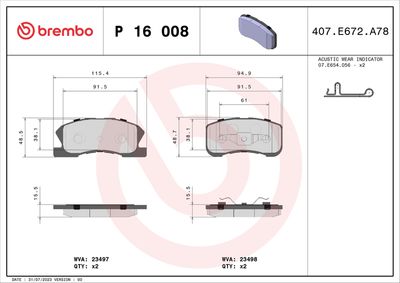 Комплект тормозных колодок, дисковый тормоз BREMBO P 16 008