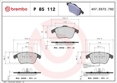 Bremžu uzliku kompl., Disku bremzes BREMBO P 85 112X
