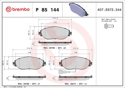 Bremžu uzliku kompl., Disku bremzes BREMBO P 85 144